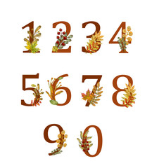 Fototapeta premium Numerical Digits Decorated with Autumnal Leaves and Twigs Isolated on White Background. Watercolor Digits 1, 2, 3, 4, 5, 6, 7, 8, 9, and 0.