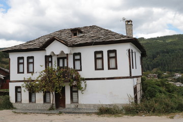 Fototapeta na wymiar Old houses in the historical cultural reserve village of Dolen, Bulgaria. Dolen is famous with its 350 old houses – an example of 19th century Rhodopean architecture.