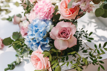 wedding backdrop with flower and decoration, gray wall