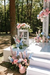 Wedding altar decorated with peony roses outdoor