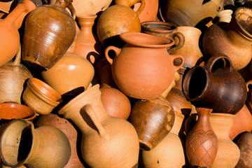 background of a lot of clay jugs, ceramics