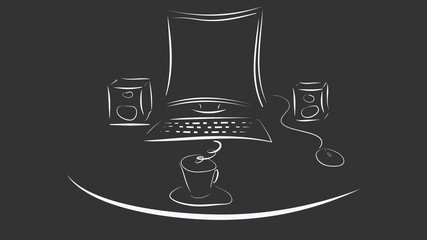 Workspace with desktop computer and coffee cup. Vector illustration.