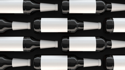 Rows of tall beer bottles with blank labels