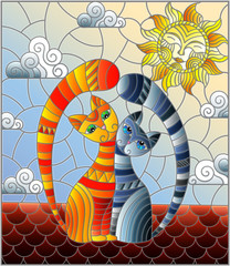 A couple of cats in stained glass abstract style sitting on the roof against the cloudy sky and the sun