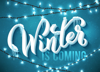 Winter is coming poster with realistic icicles and christmas sparkling lights. Vector