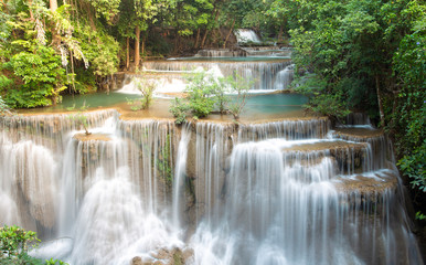 Beautiful Huai Mae Khamin Waterfall In the forest of western Thailand.