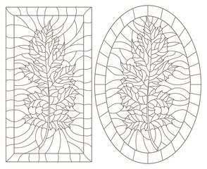 Set of outline illustrations in the style of vintage with leaves in a frames,oval and rectangular image