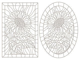 A set of contour illustrations of stained glass Windows with sunflowers in frames, dark contours on a white background, oval and rectangular image