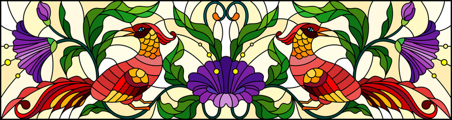 Illustration in stained glass style with abstract red birds and purple flowers on a light background , mirror, horizontal image