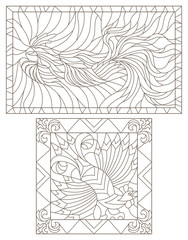 a set of contour illustrations of stained glass Windows with roosters, rectangular images in frames, dark contours on a white background