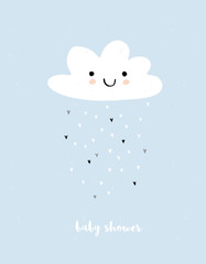 Cute Simple Baby Shower Vector Card. White Fluffy Smiling Cloud on a Light Blue Grunge Background. Rain of Irregular Shape Tiny Hearts. White Baby Shower Text. 
