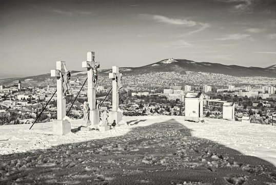 Calvary in Nitra city with Zobor hill, Slovakia, colorless