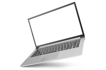 3D illustration Laptop isolated on white background. Laptop with empty space, screen laptop at an angle. - obrazy, fototapety, plakaty