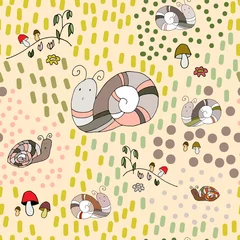 Gordijnen Snails, mushrooms, flowers, grass vector seamless pattern © greenfox