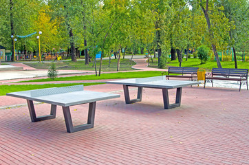 Antivandal tennis tables in the city park, under the open sky