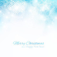 Blue Christmas background with snowflakes. Template frame for greeting cards, invitations, gift, banners. Vector illustration.