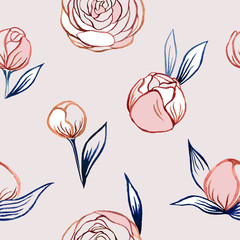 Seamless background with peony flowers. Watercolor peonies, hand drawn illustration. Graphic floral pattern. For design textiles, fabric, paper, backgrounds, wedding printing.