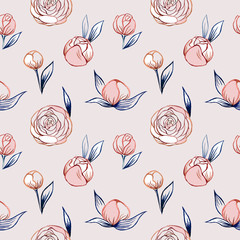 Seamless background with peony flowers. Watercolor peonies, hand drawn illustration. Graphic floral pattern. For design textiles, fabric, paper, backgrounds, wedding printing.