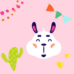 Lama white isolated cute childish vector illustration. Smiling alpaca face on pink desert background for apparel print and cards.