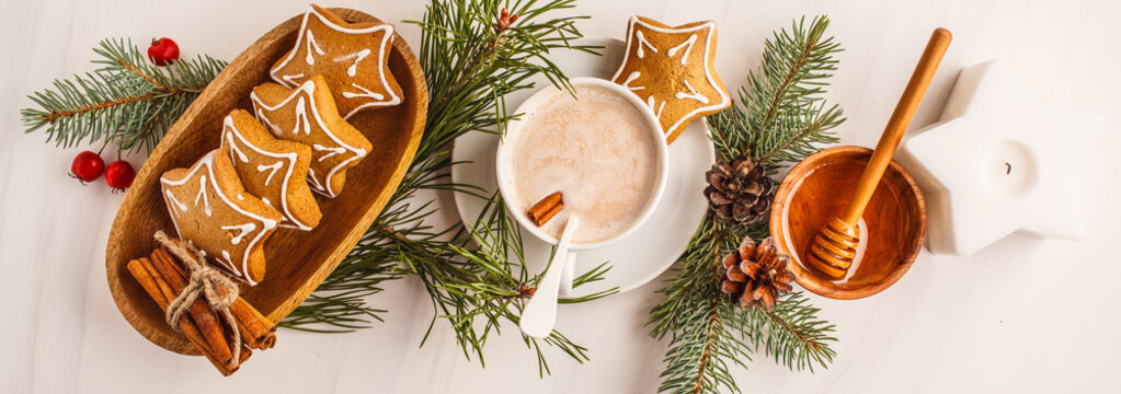 Christmas Flat Lay. Christmas Table Setting With Ginger Cookies And Cocoa, Top View. Christmas Background Concept.