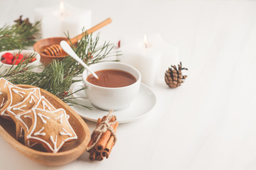 Christmas table setting with ginger cookies and cocoa. Christmas background concept.