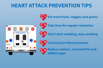 Health care presentation showing ambulance and five steps of heart attack prevention. All on the blue background.