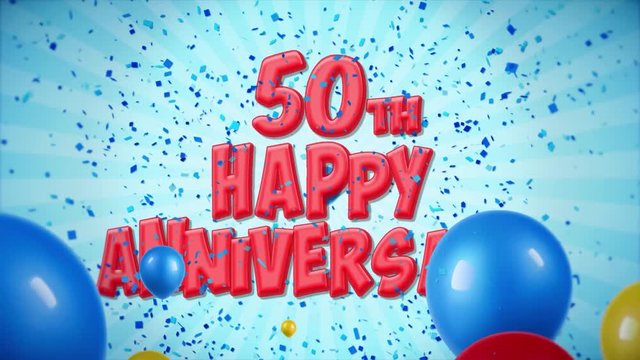 52. 50th Happy Anniversary Red Text Appears on Confetti Popper Explosions Falling and Glitter Particles, Colorful Flying Balloons Seamless Loop Animation for Wishes Greeting, Party, Invitation, card.