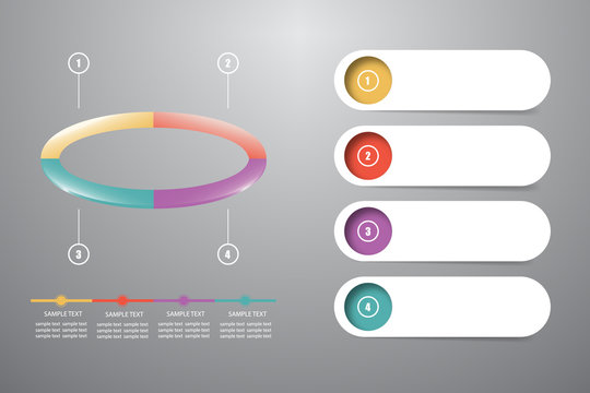 Infographic of colorful ellipse divided into 4 parts showing process and steps. White labels are ready for your text. All is on the gray gradient background. 