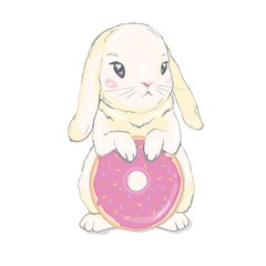 Cute little bunny with donut balloons. Vector hand drawn illustration.