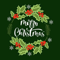 Merry Christmas hand drawn lettering. Christmas card with wreath. Vector illustration.