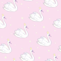 Seamless pattern with white swans. White swans on pink background. Vector illustration.