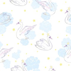 Seamless pattern with white swans. White swans on pink background. Vector illustration.