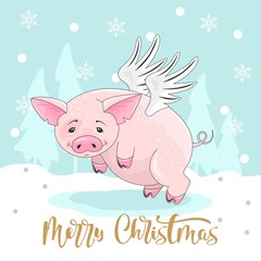  Cute pig on Christmas and new year background. Vector illustration.