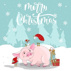  Cute pig on Christmas and new year background. Vector illustration.