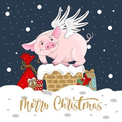 Fototapeta premium Cute pig on Christmas and new year background. Vector illustration.