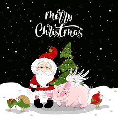  Cute pig on Christmas and new year background. Vector illustration.