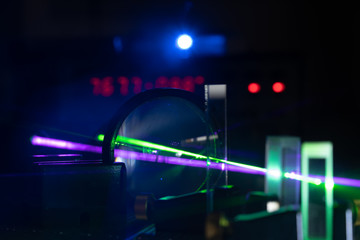 green and blue laser on optical table in physics laboratory