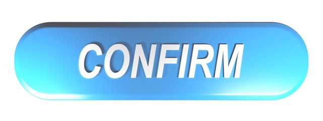 Blue rounded rectangle push button CONFIRM - 3D rendering