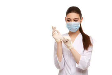 woman doctor in rubber gloves isolated on white