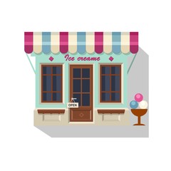 Illustration of cute little Ice cream shop. Vector flat style icon.