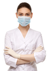 woman doctor in rubber gloves isolated on white
