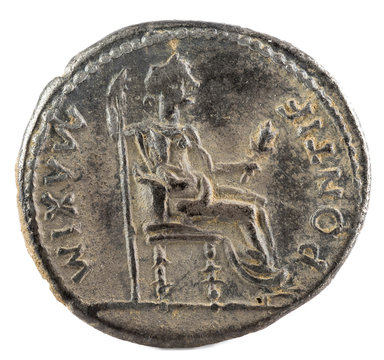Ancient Roman silver denarius coin of Emperor Tiberius. Reverse.