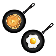 Pan With Pancake And Fried Eggs Isolated White Background