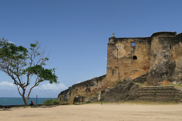 Mombasa fort in Kenya with tree and view to the sea