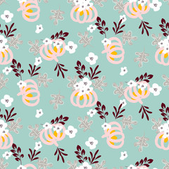 Fototapeta na wymiar Autumn beautiful chic seamless vector pattern with pumpkins and flowers on blue background. Feminine style.