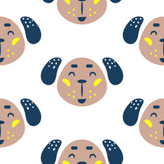 Seamless pattern with dogs cute childish baby textile fabric seamless print. Cute puppies neutral colors kid apparel design.