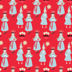 Saint Lucy&rsquo;s Day. St. Lucia procession. Scandinavian Christmas tradition. Seamless background pattern.
