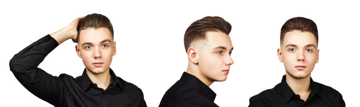 Set of portraits of young guy with pompadour haircut isolated on a white background.