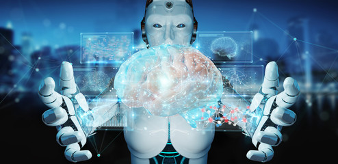 White man humanoid creating artificial intelligence 3D rendering