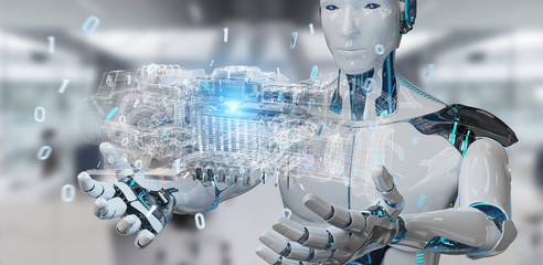 Cyborg using wireframe holographic 3D digital projection of an engine